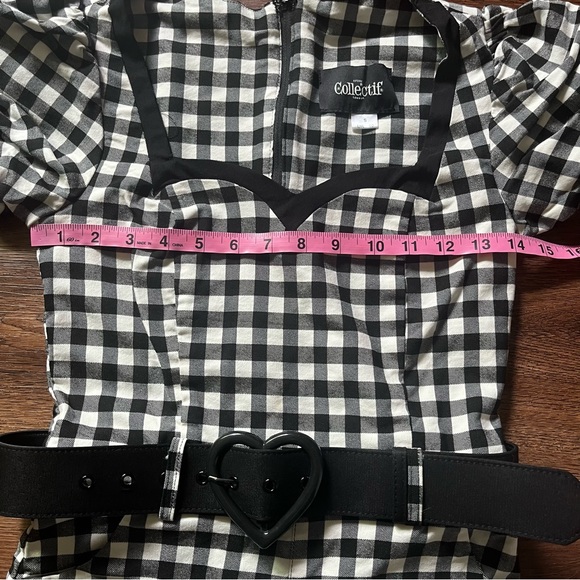 Collectif Black White Gingham Romper Heart Belt Small UK 10 Sweetheart Neckline - Picture 6 of 7